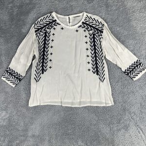 Soft Surroundings Women's Embroidered Beaded Blouse XL Cream Navy Long Sleeve